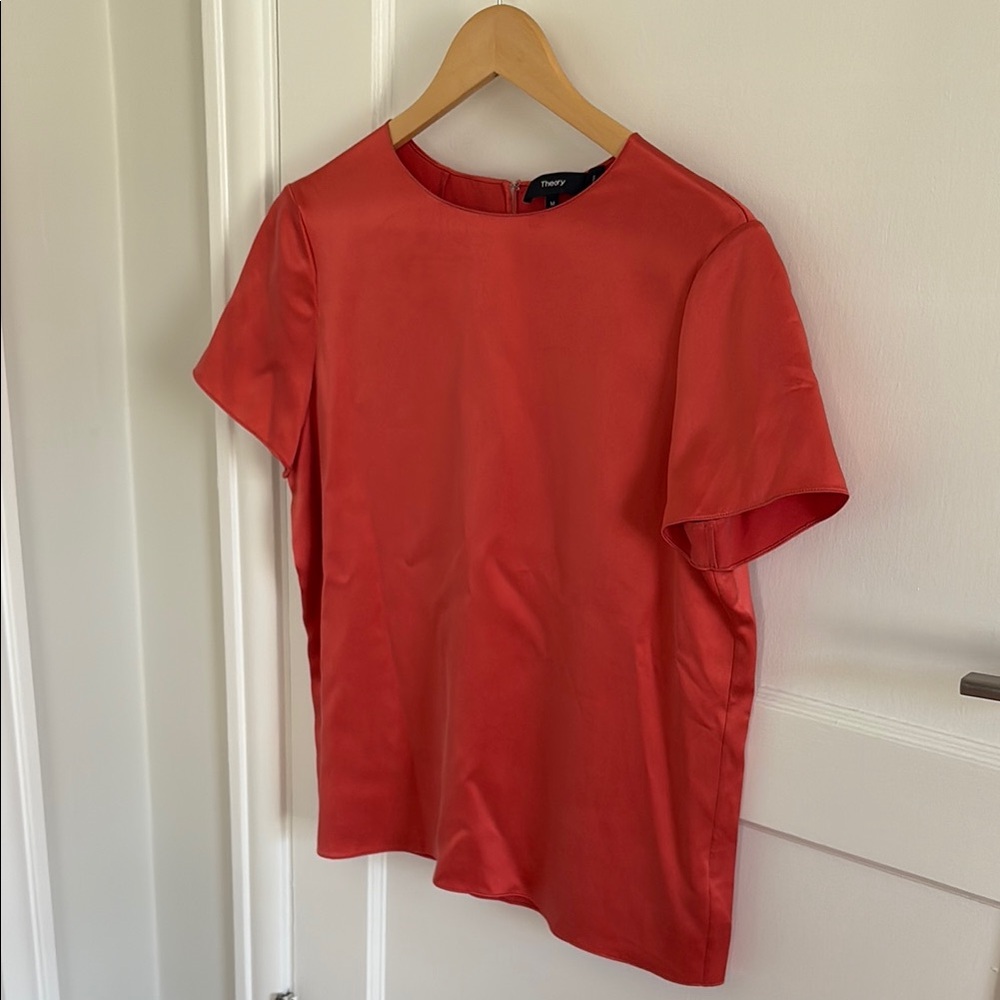 Theory silk short sleeve blouse, coral, M